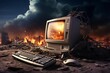 © juliars - Old desktop computer showing burning city on the screen during an apocalypse, concept of fake news and manipulation
