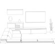 © German Ovchinnikov - A minimalist contour drawing of a living room interior featuring a comfortable couch, a side table with a lamp, and a decorative potted plant.