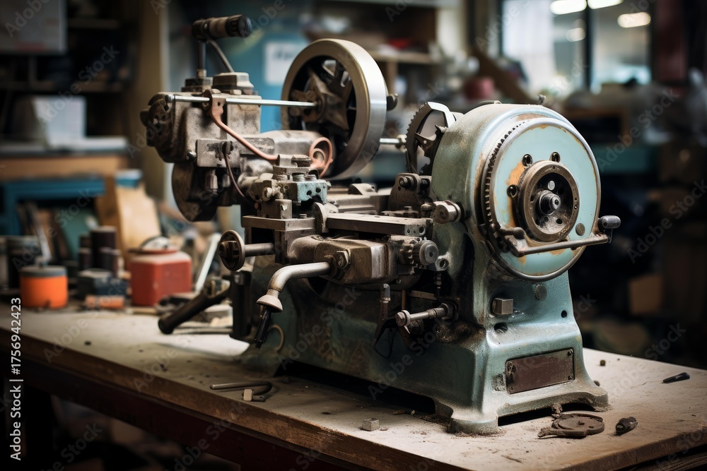 Old dusty metal lathe machine with gears and handles sitting idle on ...