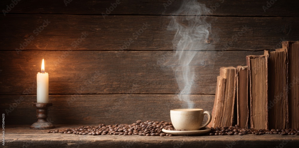 Steam rises from a cup of aromatic coffee, surrounded by scattered ...