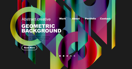Wall Mural - Abstract website design features vibrant geometric shapes, text overlays, navigation menu. Modern aesthetic, dark background enhances colorful elements.