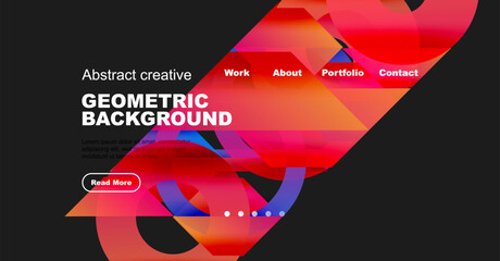 Wall Mural - Modern website mockup features vibrant geometric shapes, text overlays, navigation menu. Design promotes creativity, portfolio access.