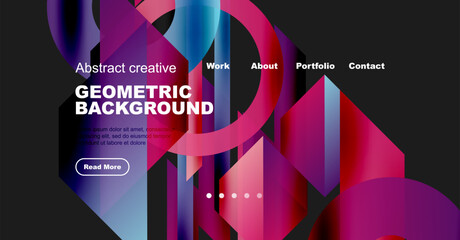 Wall Mural - Abstract website header. Vibrant colors, geometric shapes, text elements present. Navigation menu visible, button included.