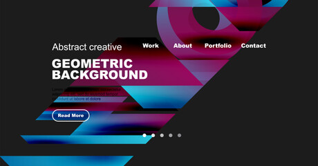 Wall Mural - Modern website header design. Geometric shapes, vibrant colors, text elements present. Minimalist aesthetic, dark background dominates.