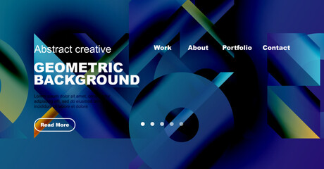 Wall Mural - Abstract geometric design. Blue gradients dominate, text overlays present work details. Modern aesthetic, clean layout.