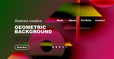 Wall Mural - Modern website mockup. Vibrant geometric shapes, dark background, text elements present. Navigation menu visible. Design feels dynamic.