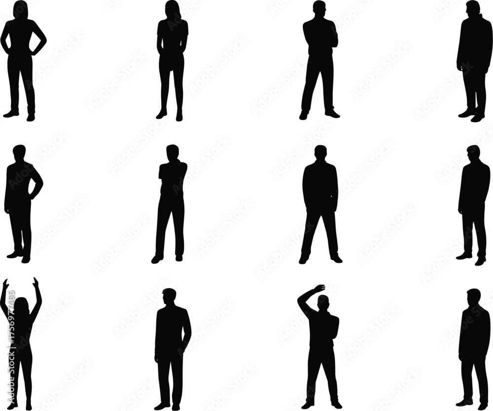 Human silhouette poses collection, standing figure variations, body ...