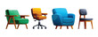 © YG Studio - Set of four different style chairs including an armchair, a wheeled office chair, a comfy lounge chair, and a wooden back chair. Vector cartoon illustration
