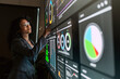 © artitwpd - Business analyst using a large interactive dashboard screen with charts and graphs, reviewing data analytics and performance metrics in a modern office.