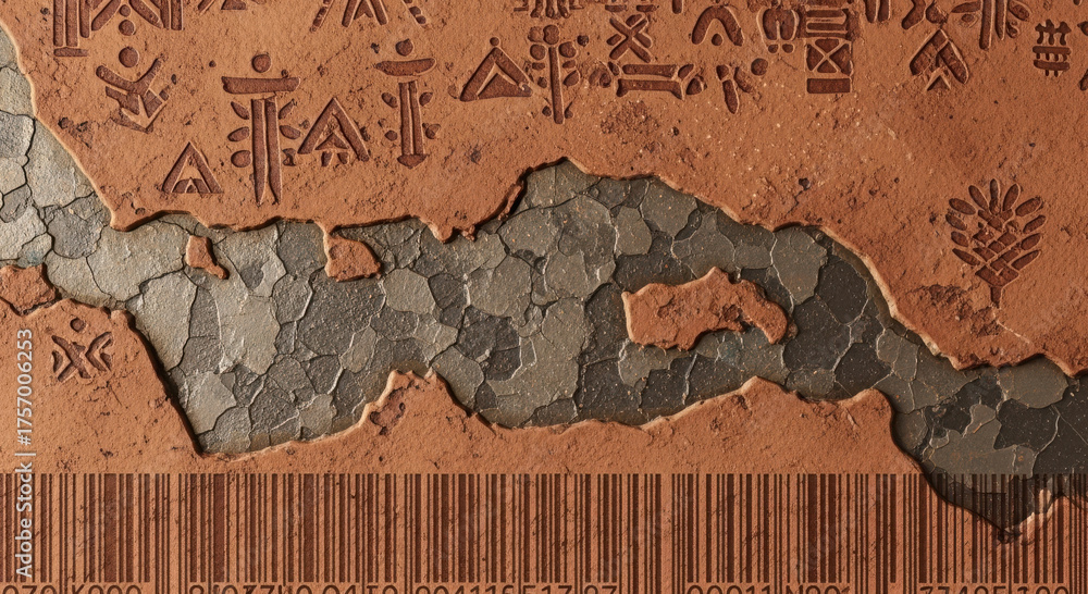 Cracked ancient wall with tribal symbols and a hidden barcode. Stock ...