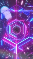 Wall Mural - Animation of neon shapes moving over digital tunnel
