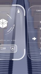 Wall Mural - Animation of data processing on screens over cardboard boxes on conveyor belts