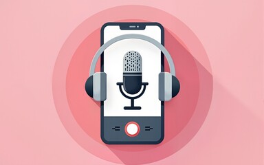 Podcast icon. Audio equipment with microphone, sound headphones, podcast application on mobile smartphone screen. Radio recording sound voice on pink background. Broadcast media music concept.