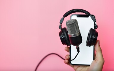 Podcast icon. Audio equipment with microphone, sound headphones, podcast application on mobile smartphone screen. Radio recording sound voice on pink background. Broadcast media music concept.