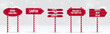 © klyaksun - Christmas arrow sign posts set isolated on white background. Vector realistic illustration of red direction indicators with snow and garland lights, road to Santa, North Pole candy cane pointers