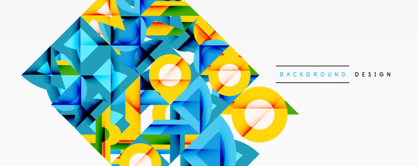 Poster - Abstract geometric shapes, vibrant colors, modern design. Blue, yellow, green triangles, circles create dynamic composition. Clean, minimalist aesthetic.