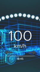 Wall Mural - Animation of speedometer over electric truck project on navy background