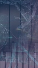 Wall Mural - Animation of statistics and data processing over man using computer and city street