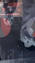 Wall Mural - Animation of financial data processing with statistics over woman running on treadmill
