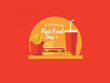 © GreenLand - National Fast Food Day illustration with burger, fries, and drink on red background.