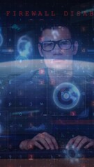 Wall Mural - Animation of scope scanning and data processing over caucasian hacker and globe
