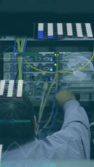 Wall Mural - Animation of data processing over team of diverse engineers working at computer server room