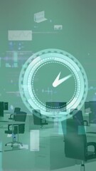 Wall Mural - Animation of neon ticking clock and data processing against empty office
