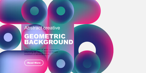 Wall Mural - Vibrant circles overlap black space. Text promotes geometric background design, offering more information. Modern, colorful composition.