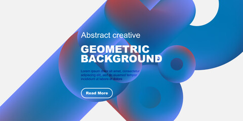 Wall Mural - Vibrant abstract shapes overlap black background. Text promotes geometric design, includes call to action button. Modern, colorful composition.