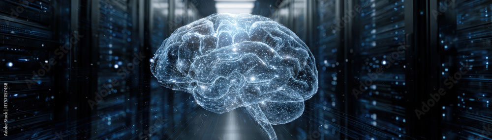 Digital data center with glowing ai brain representing ai training and ...