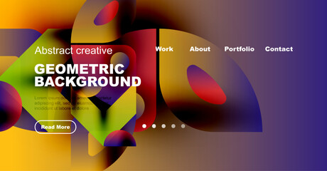 Wall Mural - Vibrant abstract geometric background. Website header design features colorful shapes, text, navigation elements, plus read more button.