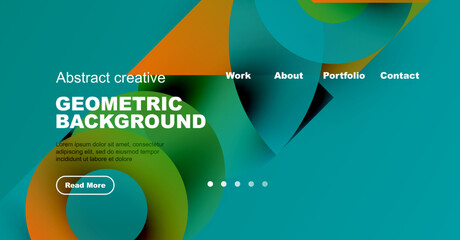Wall Mural - Abstract website design features vibrant geometric shapes, text, navigation menu. Modern aesthetic with teal, orange hues.
