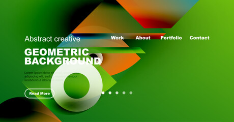 Wall Mural - Abstract green design features geometric shapes, text overlays, navigation menu. Modern aesthetic suitable for website header or banner.