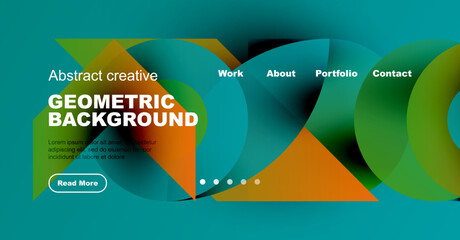 Wall Mural - Modern website header design. Geometric shapes, vibrant colors, text overlays create dynamic visual experience. Includes navigation options.