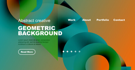 Wall Mural - Modern website mockup features vibrant geometric shapes, text overlay, navigation menu. Design emphasizes creativity, visual appeal.