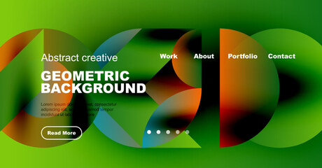 Wall Mural - Bright geometric background features colorful overlapping shapes, text, navigation menu, plus read more button. Modern design elements present.