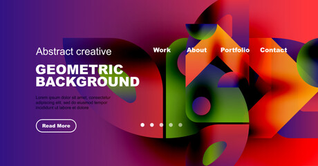 Wall Mural - Vibrant abstract design. Geometric shapes blend with fluid colors. Website header includes navigation, text, button. Modern aesthetic.