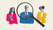 © master1305 - Contemporary collage. Magnifying glass focusing on job candidate among diverse applicants. Concept of recruitment, evaluation, human resource selection highlighting confidence and individuality.
