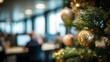 © Johannes - close up of decorated christmas tree in office with business people working in background xmas celebration in corporate office detail of christmas balls and lights with working office no logos no bra
