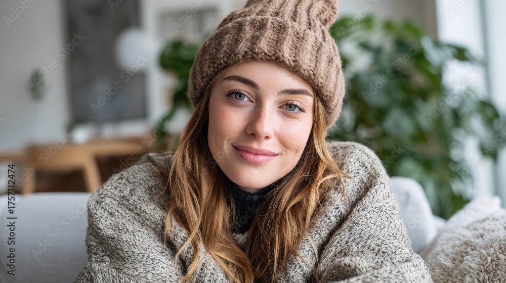 happy young woman sitting on sofa at home and looking at camera ...