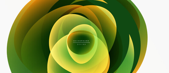 Poster - Abstract layers create dynamic circular design. Green, yellow, orange hues blend, forming modern backdrop. Minimalist text present.