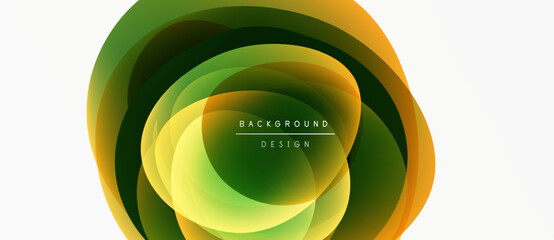 Poster - Abstract flowing shapes, vibrant green, yellow hues. Circular layers create dynamic background design. Modern, smooth gradients present.