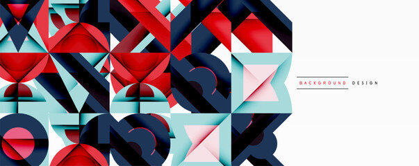 Poster - Geometric shapes create abstract pattern. Red, blue, cyan colors dominate design. Modern style, clean lines present visual interest.