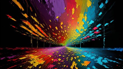A vibrant abstract representation, with bold colors exploding outwards. Hints of a tunnel, and perspective create depth. The piece evokes energy and the journey to somewhere.