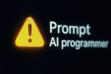 Wall Mural - Prompt ai programmer warning sign on dark screen conveying caution and creative urgency for developer workflow and code testing