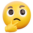 © matius - Yellow thinking emoji face with brown eyebrows and black eyes touching chin with finger in front of a transparent background in a close up shot