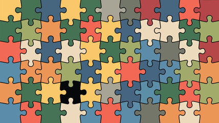 A colorful jigsaw puzzle with many pieces and one piece missing in the center of the image area