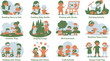 © Trendy Three - TwoTone Illustrations Depicting Preschool Activities Including Reading, Playing, Singing, Crafts, Painting, and Helping with Shoes
