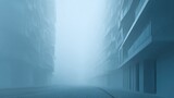 Misty urban street with modern buildings in dense fog