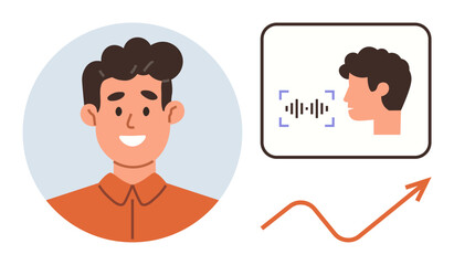Smiling man, voice recognition wave, head profile, and rising chart. Ideal for technology, AI, personal development, education, digital learning self-improvement simple flat metaphor
